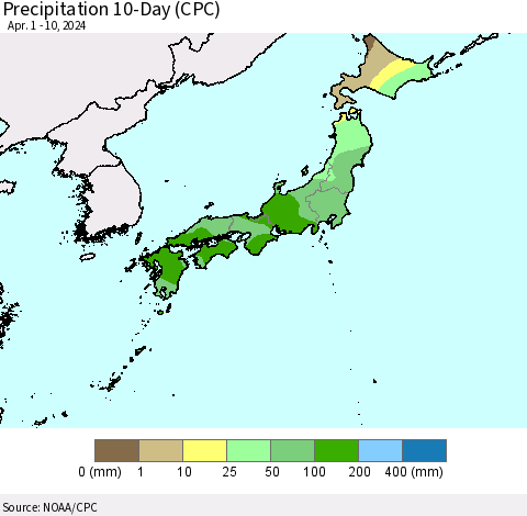 Japan Precipitation 10-Day (CPC) Thematic Map For 4/1/2024 - 4/10/2024