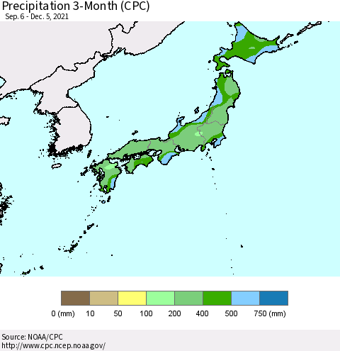 Japan Precipitation 3-Month (CPC) Thematic Map For 9/6/2021 - 12/5/2021