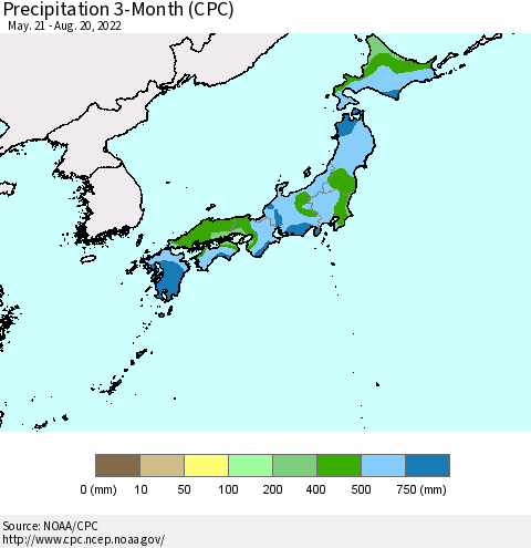 Japan Precipitation 3-Month (CPC) Thematic Map For 5/21/2022 - 8/20/2022