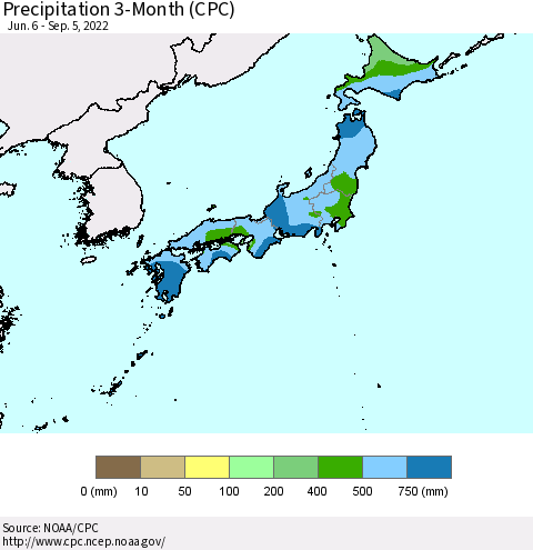Japan Precipitation 3-Month (CPC) Thematic Map For 6/6/2022 - 9/5/2022