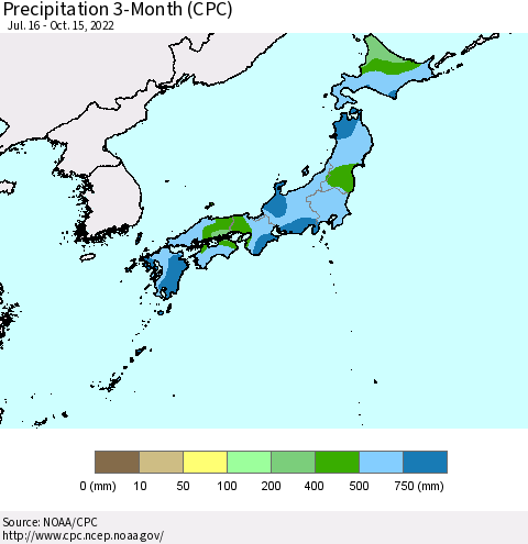 Japan Precipitation 3-Month (CPC) Thematic Map For 7/16/2022 - 10/15/2022
