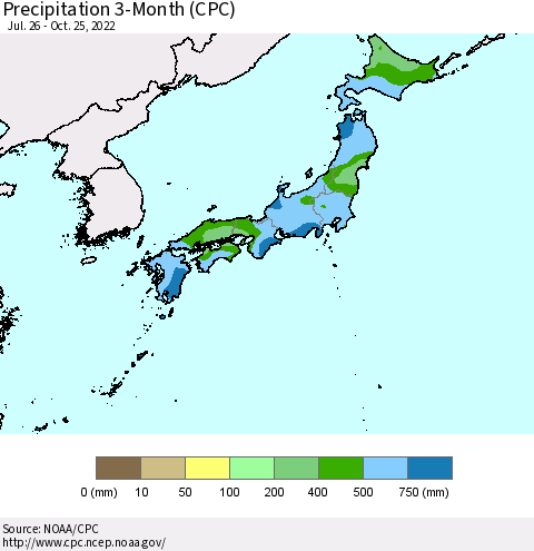 Japan Precipitation 3-Month (CPC) Thematic Map For 7/26/2022 - 10/25/2022