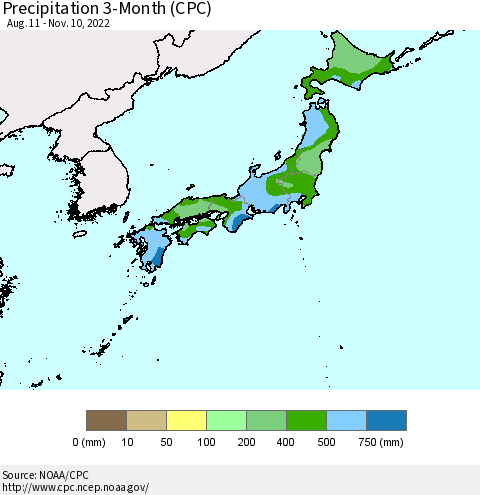 Japan Precipitation 3-Month (CPC) Thematic Map For 8/11/2022 - 11/10/2022