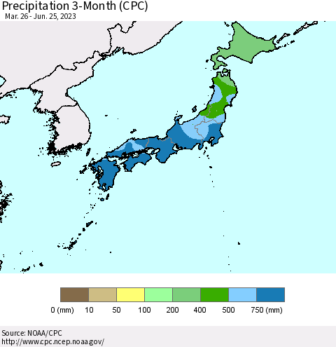 Japan Precipitation 3-Month (CPC) Thematic Map For 3/26/2023 - 6/25/2023