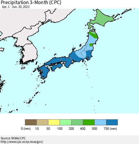 Japan Precipitation 3-Month (CPC) Thematic Map For 4/1/2023 - 6/30/2023
