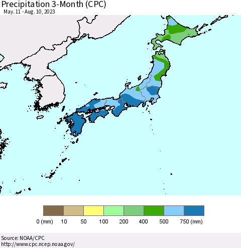 Japan Precipitation 3-Month (CPC) Thematic Map For 5/11/2023 - 8/10/2023