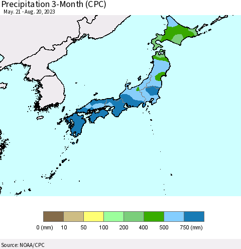 Japan Precipitation 3-Month (CPC) Thematic Map For 5/21/2023 - 8/20/2023