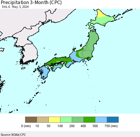 Japan Precipitation 3-Month (CPC) Thematic Map For 2/6/2024 - 5/5/2024