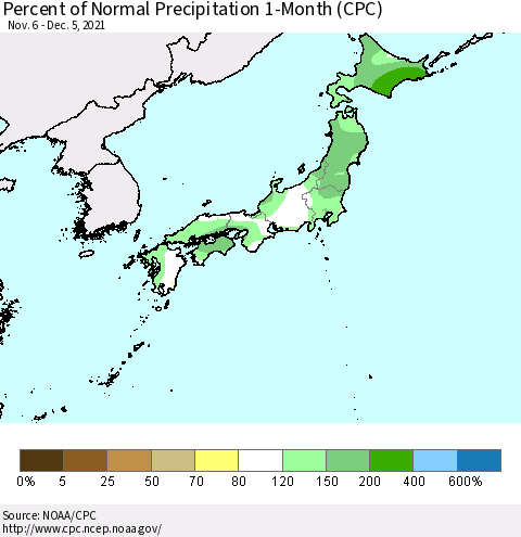 Japan Percent of Normal Precipitation 1-Month (CPC) Thematic Map For 11/6/2021 - 12/5/2021