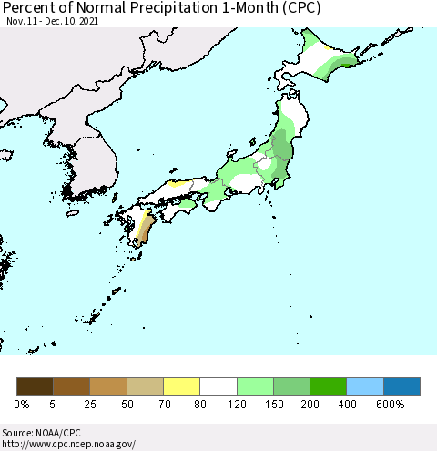 Japan Percent of Normal Precipitation 1-Month (CPC) Thematic Map For 11/11/2021 - 12/10/2021