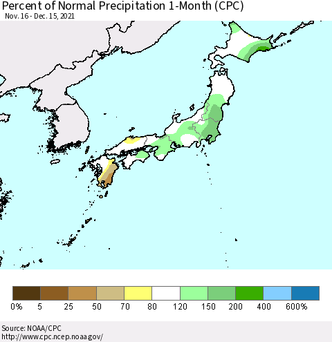 Japan Percent of Normal Precipitation 1-Month (CPC) Thematic Map For 11/16/2021 - 12/15/2021