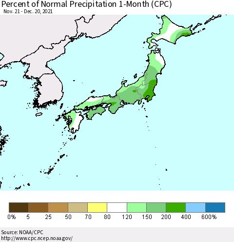 Japan Percent of Normal Precipitation 1-Month (CPC) Thematic Map For 11/21/2021 - 12/20/2021