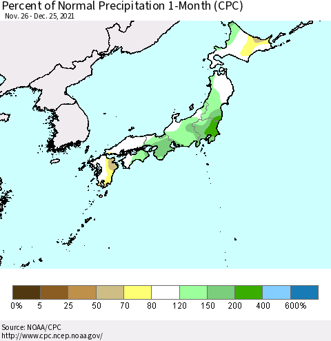 Japan Percent of Normal Precipitation 1-Month (CPC) Thematic Map For 11/26/2021 - 12/25/2021