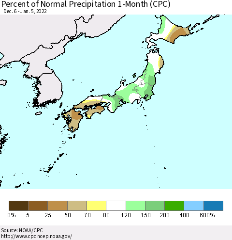 Japan Percent of Normal Precipitation 1-Month (CPC) Thematic Map For 12/6/2021 - 1/5/2022