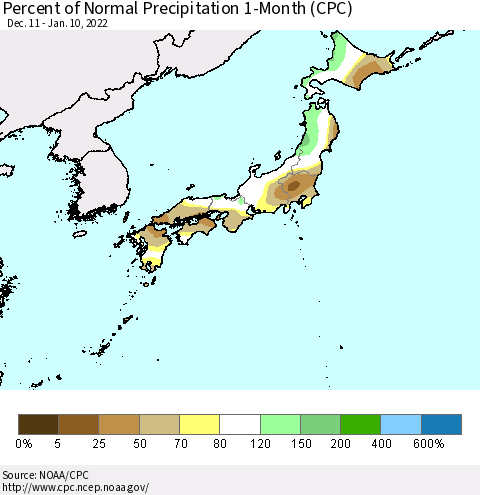 Japan Percent of Normal Precipitation 1-Month (CPC) Thematic Map For 12/11/2021 - 1/10/2022