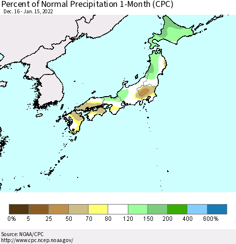Japan Percent of Normal Precipitation 1-Month (CPC) Thematic Map For 12/16/2021 - 1/15/2022