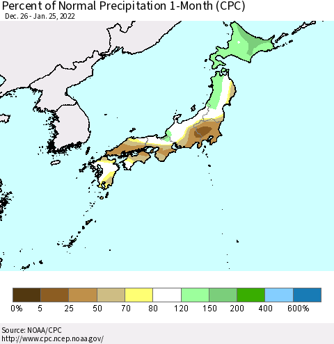 Japan Percent of Normal Precipitation 1-Month (CPC) Thematic Map For 12/26/2021 - 1/25/2022