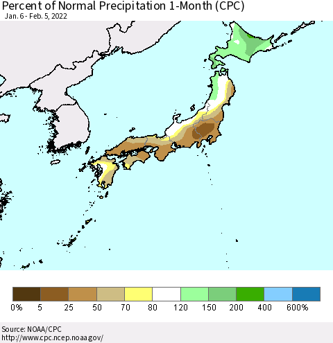Japan Percent of Normal Precipitation 1-Month (CPC) Thematic Map For 1/6/2022 - 2/5/2022