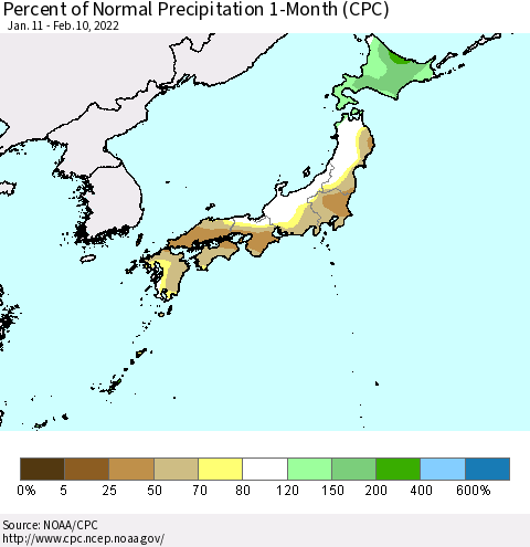 Japan Percent of Normal Precipitation 1-Month (CPC) Thematic Map For 1/11/2022 - 2/10/2022