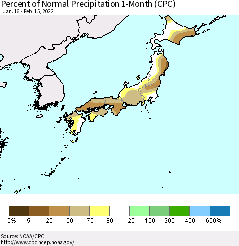 Japan Percent of Normal Precipitation 1-Month (CPC) Thematic Map For 1/16/2022 - 2/15/2022