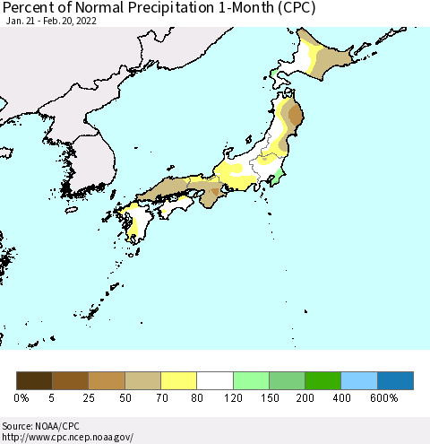 Japan Percent of Normal Precipitation 1-Month (CPC) Thematic Map For 1/21/2022 - 2/20/2022