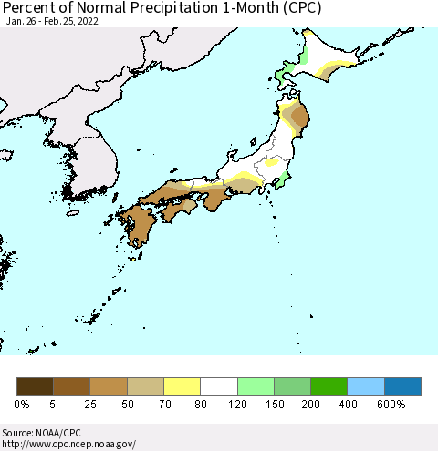 Japan Percent of Normal Precipitation 1-Month (CPC) Thematic Map For 1/26/2022 - 2/25/2022