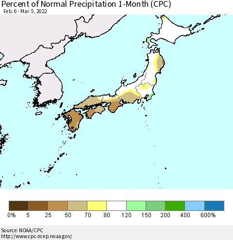Japan Percent of Normal Precipitation 1-Month (CPC) Thematic Map For 2/6/2022 - 3/5/2022
