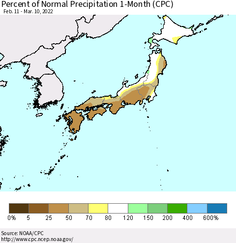 Japan Percent of Normal Precipitation 1-Month (CPC) Thematic Map For 2/11/2022 - 3/10/2022