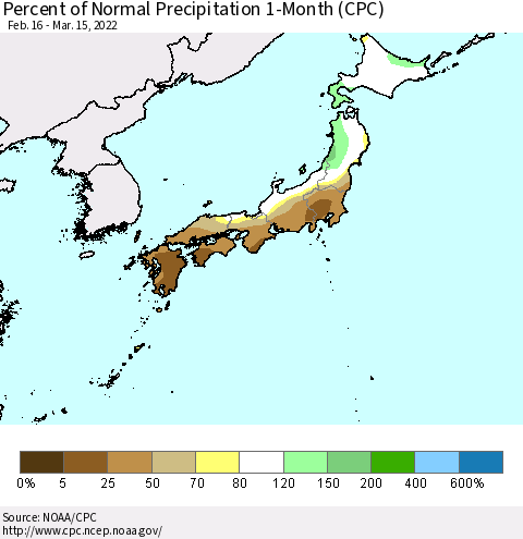 Japan Percent of Normal Precipitation 1-Month (CPC) Thematic Map For 2/16/2022 - 3/15/2022