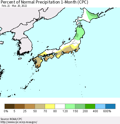 Japan Percent of Normal Precipitation 1-Month (CPC) Thematic Map For 2/21/2022 - 3/20/2022