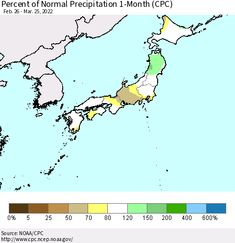 Japan Percent of Normal Precipitation 1-Month (CPC) Thematic Map For 2/26/2022 - 3/25/2022