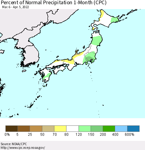 Japan Percent of Normal Precipitation 1-Month (CPC) Thematic Map For 3/6/2022 - 4/5/2022