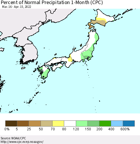 Japan Percent of Normal Precipitation 1-Month (CPC) Thematic Map For 3/16/2022 - 4/15/2022