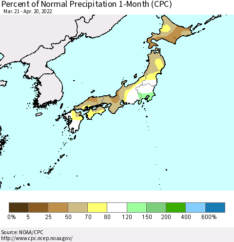 Japan Percent of Normal Precipitation 1-Month (CPC) Thematic Map For 3/21/2022 - 4/20/2022