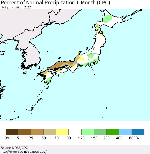 Japan Percent of Normal Precipitation 1-Month (CPC) Thematic Map For 5/6/2022 - 6/5/2022
