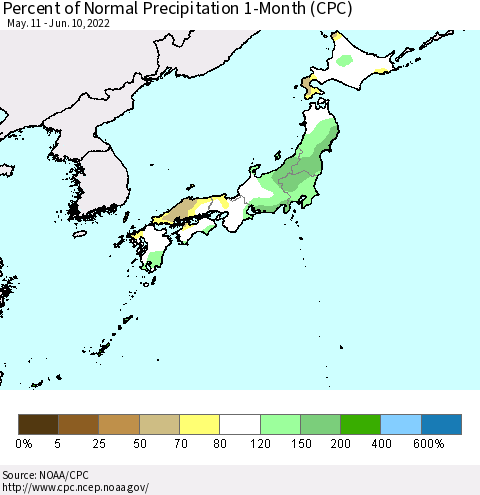 Japan Percent of Normal Precipitation 1-Month (CPC) Thematic Map For 5/11/2022 - 6/10/2022