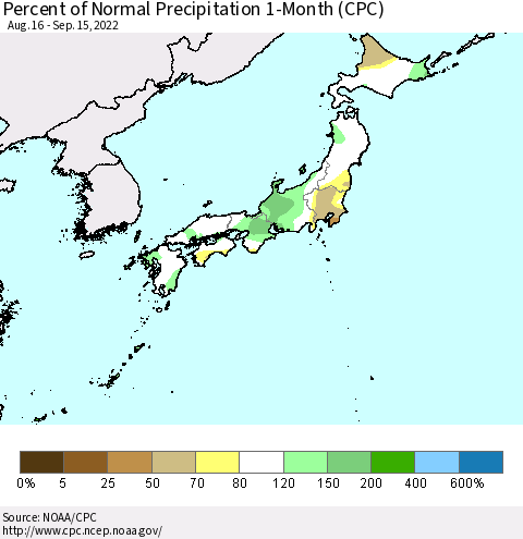 Japan Percent of Normal Precipitation 1-Month (CPC) Thematic Map For 8/16/2022 - 9/15/2022