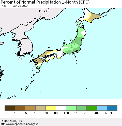 Japan Percent of Normal Precipitation 1-Month (CPC) Thematic Map For 11/21/2022 - 12/20/2022