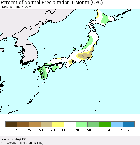 Japan Percent of Normal Precipitation 1-Month (CPC) Thematic Map For 12/16/2022 - 1/15/2023