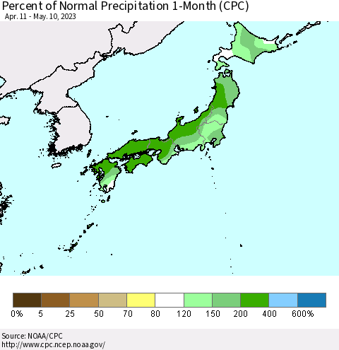 Japan Percent of Normal Precipitation 1-Month (CPC) Thematic Map For 4/11/2023 - 5/10/2023