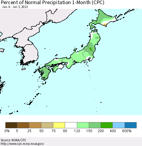 Japan Percent of Normal Precipitation 1-Month (CPC) Thematic Map For 6/6/2023 - 7/5/2023