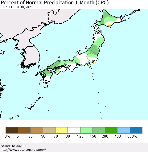 Japan Percent of Normal Precipitation 1-Month (CPC) Thematic Map For 6/11/2023 - 7/10/2023