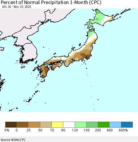 Japan Percent of Normal Precipitation 1-Month (CPC) Thematic Map For 10/16/2023 - 11/15/2023