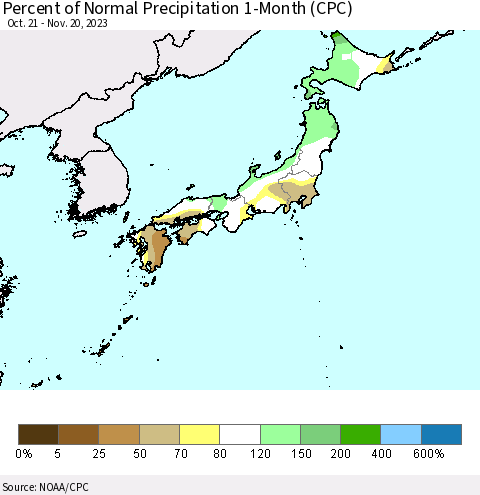 Japan Percent of Normal Precipitation 1-Month (CPC) Thematic Map For 10/21/2023 - 11/20/2023