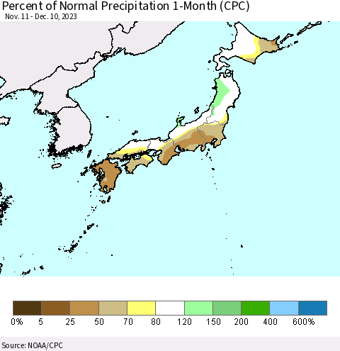 Japan Percent of Normal Precipitation 1-Month (CPC) Thematic Map For 11/11/2023 - 12/10/2023