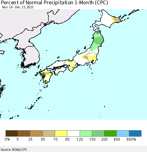 Japan Percent of Normal Precipitation 1-Month (CPC) Thematic Map For 11/16/2023 - 12/15/2023