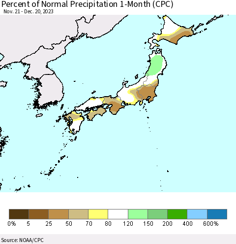 Japan Percent of Normal Precipitation 1-Month (CPC) Thematic Map For 11/21/2023 - 12/20/2023
