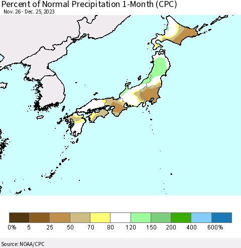 Japan Percent of Normal Precipitation 1-Month (CPC) Thematic Map For 11/26/2023 - 12/25/2023