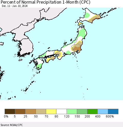 Japan Percent of Normal Precipitation 1-Month (CPC) Thematic Map For 12/11/2023 - 1/10/2024