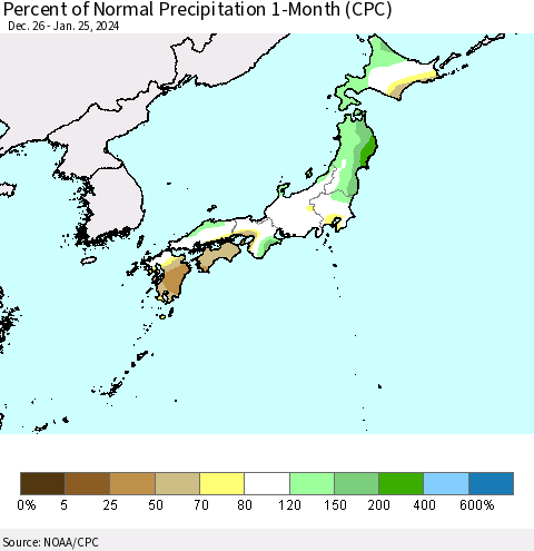 Japan Percent of Normal Precipitation 1-Month (CPC) Thematic Map For 12/26/2023 - 1/25/2024